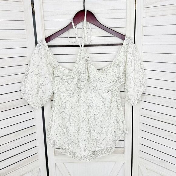 Beau Tissu Lace Cold Shoulder Puff Sleeve Halter Blouse White Black Small - Picture 8 of 13